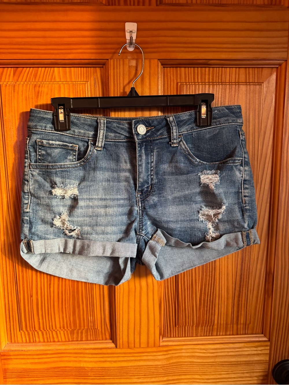 SO Favorite Shortie Women's Distressed Denim Roll-Cuff Shorts - Blue